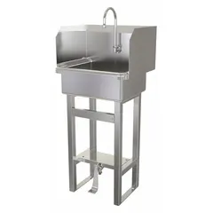 This one-station freestanding hand sink is constructed from 16 ga stainless steel and includes a side splash. It features a 17 in bowl length, 7 in bowl depth, and a 2 gpm flow rate. Suitable for commercial hand-washing in facilities requiring a compact, self-contained unit.