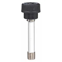 Cylindrical-body fast-acting fuse rated 1.6 A and 300 V AC. Integrated insulating caps provide protection against accidental contact with live metal ends. Suitable for overcurrent protection in control panels, power supplies, and branch circuits.