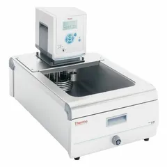 Heating circulator with LCD display and 20 lpm flow rate. Minimum temperature setting of Ambient +13 °C. Overall depth 24 3/4 in. Used for precise temperature control in laboratory processes such as sample heating, calibration, and chemical reactions.