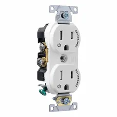 This duplex general purpose receptacle is rated 125V AC, 15 A, with a NEMA 5-15 configuration and 2-pole/3-wire grounding. The white finish suits standard wall outlet installations in residential, commercial, and light-industrial settings for powering common 125V AC equipment.