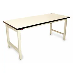 Laminate workbench with a 60 in x 36 in beige top and 5,000 lb overall load capacity. Open-base design accommodates under-bench storage or seating. Suitable for industrial assembly, maintenance, and testing applications.