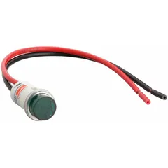 LED pilot light with raised head design for panel mounting. Requires 12 mm mounting hole diameter. Connects via 6-inch wire leads. Used to indicate equipment status on industrial control panels and automation systems.