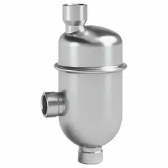This angled-connection vertical-discharge air vent is designed for steam systems. It features a 3/4 in FNPT top port and a stainless steel body, rated for a maximum pressure of 400 psi and a maximum temperature of 500°F. The vent automatically releases air from steam lines and equipment to improve heat transfer and system efficiency.