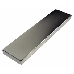 Neodymium block magnet with a maximum pull force of 41 lbf. Overall dimensions: 4 in length, 1 in width, 0.25 in thickness. Suitable for holding, lifting, and retrieval tasks in industrial settings such as machining, fabrication, and maintenance.