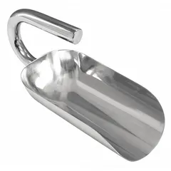 This stainless steel hand scoop is designed for sanitary material handling in food processing, pharmaceutical, and industrial settings. It has a 32 oz capacity, measures 14 inches in overall length and 4 7/8 inches in overall width, and features a silver finish. Not dishwasher safe; no magnet.