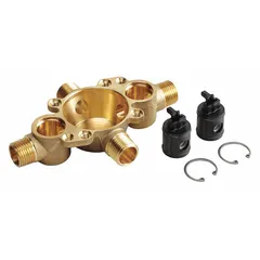 This pressure balancing valve is designed for use with KOHLER Archer series shower trim. It includes a rough-in guide for installation. The valve helps maintain consistent water temperature by compensating for pressure changes in the supply lines.