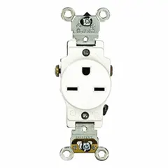 Single general purpose receptacle rated 15 A at 250 V AC. NEMA 6-15 configuration with 2 poles and 3 wires. White finish. Suitable for powering equipment requiring a 250 V, 15 A connection in commercial or industrial environments.