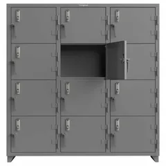 This freestanding steel locker cabinet provides secure storage for mobile devices. It features 12 lockers arranged in 4 tiers and 3 units wide, each measuring 24 in x 18 in. Equipped with electronic keypad locks and swing handles, the gray steel construction is suitable for environments requiring organized device storage and charging.