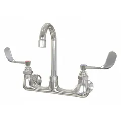 This centerset utility faucet is constructed of cast brass with a chrome finish. It has a flow rate of 2 gpm and includes faucet mounting kits. Suitable for service sinks in commercial or industrial settings where a gooseneck spout provides clearance for filling buckets or cleaning equipment.