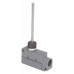 This coil-spring wobble-stick limit switch features a 5.12-inch actuator length and two mounting holes for installation. Screw terminals provide electrical connections. It is used in industrial machinery for position or presence detection, such as on conveyor systems, packaging equipment, and automated assembly lines.