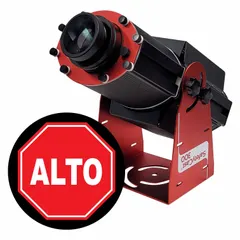 This 300 W LED projector includes a lens and image template in Alto red/white, and a power supply. It projects a fixed white laser image for use in industrial marking, signage, or visual alignment applications where a consistent, high-visibility projected image is required.