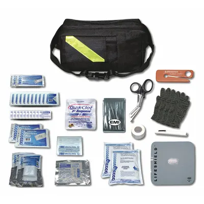 EMI Rapid Response PAC: 48 Components, Nylon, Bag, Black, No Medication Included - Fanny Pack Trauma Kits