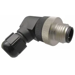 M12 circular connector with a 5-pin socket body, 90° angle orientation, and female threaded mounting. Polyamide housing rated IP67 for dust and water ingress protection. Wire connection type for power and general sensor applications.