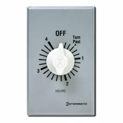 Spring-wound mechanical timer with SPDT switch rated at 277V AC. Maximum timing duration of 4 hours. Includes silver wall plate. No hold feature. Suitable for controlling lighting, fans, or other electrical loads requiring timed-off operation.