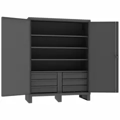 Stationary welded steel cabinet with powder-coated gray finish. Includes four adjustable shelves and drawers. Features a swing handle with padlock hasp for security. Supported by legs with 12 ga panel thickness. Suitable for organized storage of tools and equipment in industrial settings.