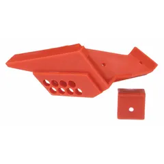 Wedge-type lockout device for quarter-turn ball valve handles. Fits pipe sizes from 1/4 in to 1 in. Used to secure valves in the closed position during maintenance, preventing accidental operation.