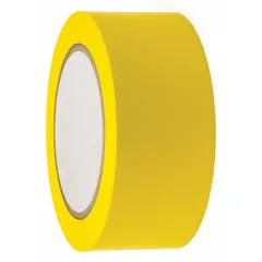 Solid yellow vinyl tape for marking aisles, hazard zones, and storage areas. Measures 2 inches wide by 108 feet long with a 5.2 mil thickness. Backing material is vinyl with no message legend. Suitable for use in warehouses, factories, and workshops to improve safety and organization.