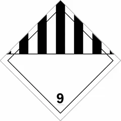 Class 9 miscellaneous hazardous materials placard, 10 3/4 in x 10 3/4 in, displaying the number 9. Used for identifying shipments of miscellaneous hazardous materials during transport.