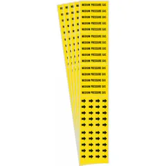 Yellow adhesive pipe marker with black legend 'Medical Pressure Gas' and directional arrows. Designed for pipes with outer diameter of 3/4 inch and smaller. Sold in packs of 5. Used for identifying medical gas lines in healthcare facilities.