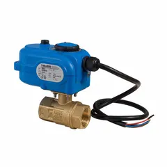 Brass electrically-actuated two-way ball valve with 1/4 in FNPT x FNPT straight connections. Operates on 24V AC/DC and includes an ISO 5211 actuator mounting pad, brass stem, and manual override. Used for on/off flow control in automated piping systems.