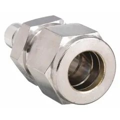 This compression x compression adapter connects 3/8 in OD tubing to 1/2 in OD tubing. Made of stainless steel with a double-ferrule design, it is compatible with Parker A-LOK fittings. Used in industrial fluid and gas systems for leak-tight, vibration-resistant joints.