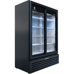 This BEVERAGE-AIR refrigerated merchandiser features two black sliding glass doors and uses R-290 refrigerant. It is designed for commercial beverage display in convenience stores, cafeterias, and retail settings, providing self-service cold storage for bottled and canned drinks.