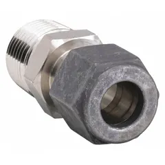 This PARKER single-ferrule stainless steel fitting from the CPI series connects 3/8 in OD tubing to a 3/8 in male NPT threaded port. The compression x MNPT configuration provides a leak-tight seal in instrumentation, hydraulic, and pneumatic systems.