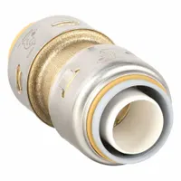 This standard brass push-to-connect coupling connects 3/4 in OD and 7/8 in OD tubing without soldering or threading. It is used in industrial plumbing systems for quick, tool-free assembly of tube runs