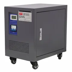 Three-phase voltage converter for step-up or step-down operation between 230V and 460V AC at 60 Hz. Includes a circuit breaker for overcurrent protection. Suitable for industrial machinery, motors, and other equipment requiring voltage conversion in three-phase systems.