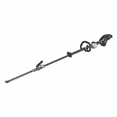 This battery-powered extended-reach hedge trimmer operates on a 56 V platform, featuring a 21 in blade length and a 1 1/8 in cutting width. It is designed for trimming tall hedges, shrubs, and overgrowth without the need for a ladder. The cordless design allows for maneuverability in outdoor landscaping tasks.