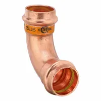 This 90° press-fit elbow fitting is made of copper with an HNBR O-ring and has no center stop. It is sized at 1-1/4 in CTS x 1-1/4 in CTS x 1-1/4 in CTS x 1-1/4 in Pipe. Used in gas piping systems for connecting copper tube in commercial or industrial applications