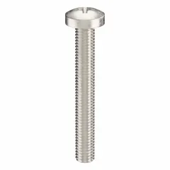 This pan head machine screw features an M8x1.25 thread, 60 mm length, and is made from 316 stainless steel with a plain finish. It has a Phillips drive with #4 drive size. Typical applications include fastening components in corrosive or high-moisture environments such as marine, chemical processing, or food-grade equipment.