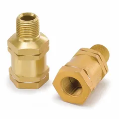 This Parker check valve is an aluminum inline spring-loaded swing check valve with 3/8 in - 18 female NPT and 3/8 in - 18 male NPT connections. It features a fluorocarbon seal material and is rated for 400°F. Used to prevent backflow in fluid systems, it allows flow in one direction and automatically closes when flow reverses.