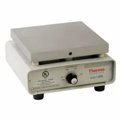 Rectangular hot plate with a 6 1/8 x 6 1/8 in heating surface, operates on 120V AC with a US standard plug. Includes a hot surface warning indicator. Suitable for general laboratory heating applications such as boiling, evaporation, and chemical reactions.
