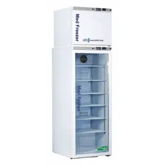 This pharmacy refrigerator-freezer provides 10.5 cu ft of refrigerator capacity with two doors, including a swing glass door hinged on the right. It is designed for storing temperature-sensitive medications, vaccines, and biological samples in clinical or laboratory settings.