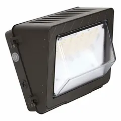 LED full-size wall pack for outdoor perimeter lighting on commercial and industrial buildings. Offers selectable lumen outputs of 12,750 lm, 15,000 lm, or 18,000 lm and color temperatures of 3000K, 4000K, or 5000K. Operates on 120 to 347V AC at 120 W. Bronze finish.