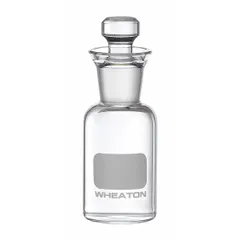 Colorless glass BOD bottle with narrow mouth and robotic stopper closure. 60 mL capacity, 115 mm height. Closure included. Un-numbered. Used for biochemical oxygen demand testing in water and wastewater analysis.