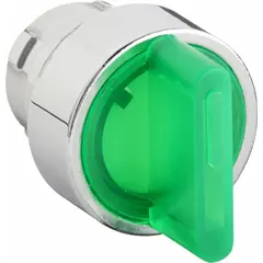 This 22 mm panel-mount illuminated selector-switch operator offers three maintained positions for selecting machine modes or functions in industrial control circuits. It features a metallic bezel and includes no cam. Suitable for use in manufacturing, processing, and automation environments.