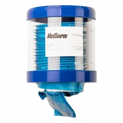 Emesis bag dispenser for healthcare settings, providing sanitary storage and dispensing of emesis bags. Overall height 6 5/8 in, overall diameter 6 1/2 in. Blue color.