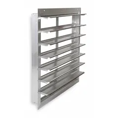 Single-panel backdraft damper for wall-mount vertical installation. Allows horizontal airflow in one direction and prevents reverse flow when the fan is off. Measures 39 inches high by 39 inches wide with a 3-inch depth. Maximum air velocity 2500 fpm.