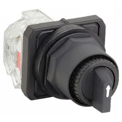 This 3-position selector switch features a long-handled knob and non-illuminated plastic operator head. It offers momentary/maintained/momentary action with a C cam, providing On/Off/On switching via 1NO/1NC contacts. Rated 10 A at 600 VAC and 0.1 A at 600 VDC, it is suitable for panel-mount control applications requiring manual selection between two operating states with a center-off position.