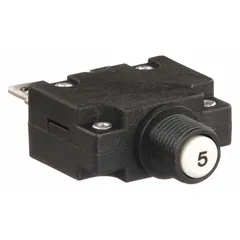 Front panel-mount miniature circuit breaker with push-button reset. Rated 5 A, 125/250V AC and 32V DC. Features 11mm collar mounting, 1/4 in tab terminals, and 1.78 in depth. Used for overcurrent protection in control panels, HVAC equipment, and power distribution systems.