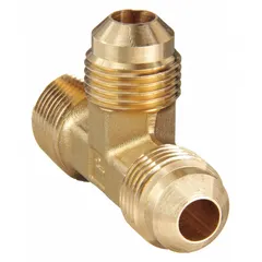 This brass 45-degree flare tube fitting tee connects 1/2 in OD tube to 3/8 in pipe and 1/2 in OD tube. It features flared/threaded ends and meets SAE J512 standards. Supplied as a 10-pack. Used in fluid systems for branching lines.