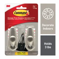 Indoor decorative and utility hook with adhesive backing for hanging lightweight items. Each hook has a 3 lb weight capacity and a single point. Overall height is 3 1/4 inches. Suitable for organizing keys, coats, towels, or small tools in residential or light commercial settings