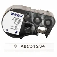 Continuous label roll cartridge for industrial identification and labeling. Polyester material with black on white print. 1/2 in width by 25 ft length. Compatible with M510 printer series. Used for asset tracking, cable marking, and facility signage