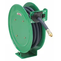 Spring Return Hose Reel: 25 ft (1/2 in I.D.), 1/2 in MNPT, 300 psi Max Op Pressure, Brass, Green