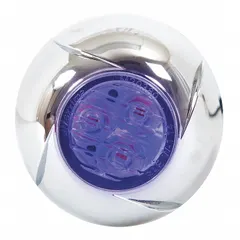 Round blue LED warning light with chrome bezel, operating at 12V DC. Features 17 selectable flash patterns. Screw mount type with wire leads for electrical connection. Used as a perimeter flashing warning light on vehicles to signal caution or hazard in work zones, construction sites, and emergency response.