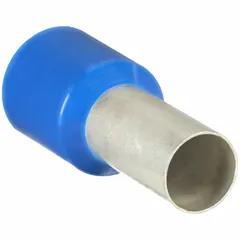Insulated ferrule for terminating a single stranded wire. Blue polypropylene insulation. Ferrule diameter 0.25 in. Used to create secure connections in terminal blocks, control panels, and power distribution equipment.