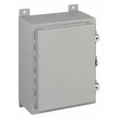 This WIEGMANN steel enclosure measures 16 x 12 x 8 inches and is rated NEMA 12/13 for protection against dust, dirt, oil, and water seepage. It features a solid hinged cover secured by clamps and does not include knockouts. Suitable for housing electrical controls and instruments in industrial environments.