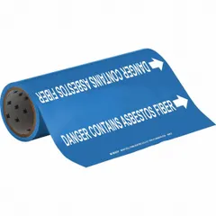 Adhesive pipe marker on a roll with blue background and white legend reading 'Danger Contains Asbestos Fiber'. Includes directional arrows. Fits pipe outer diameters from 2-1/2 to 6 inches. Used to label pipes containing hazardous materials in industrial facilities.
